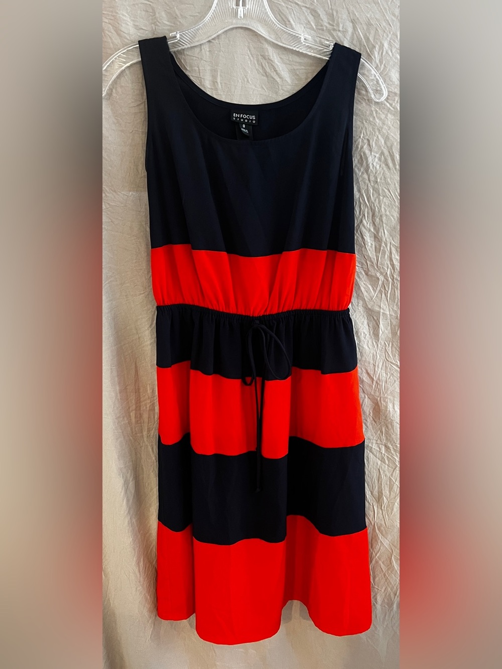 Enfocus Studio Navy and Red Striped Sleeveless Dress